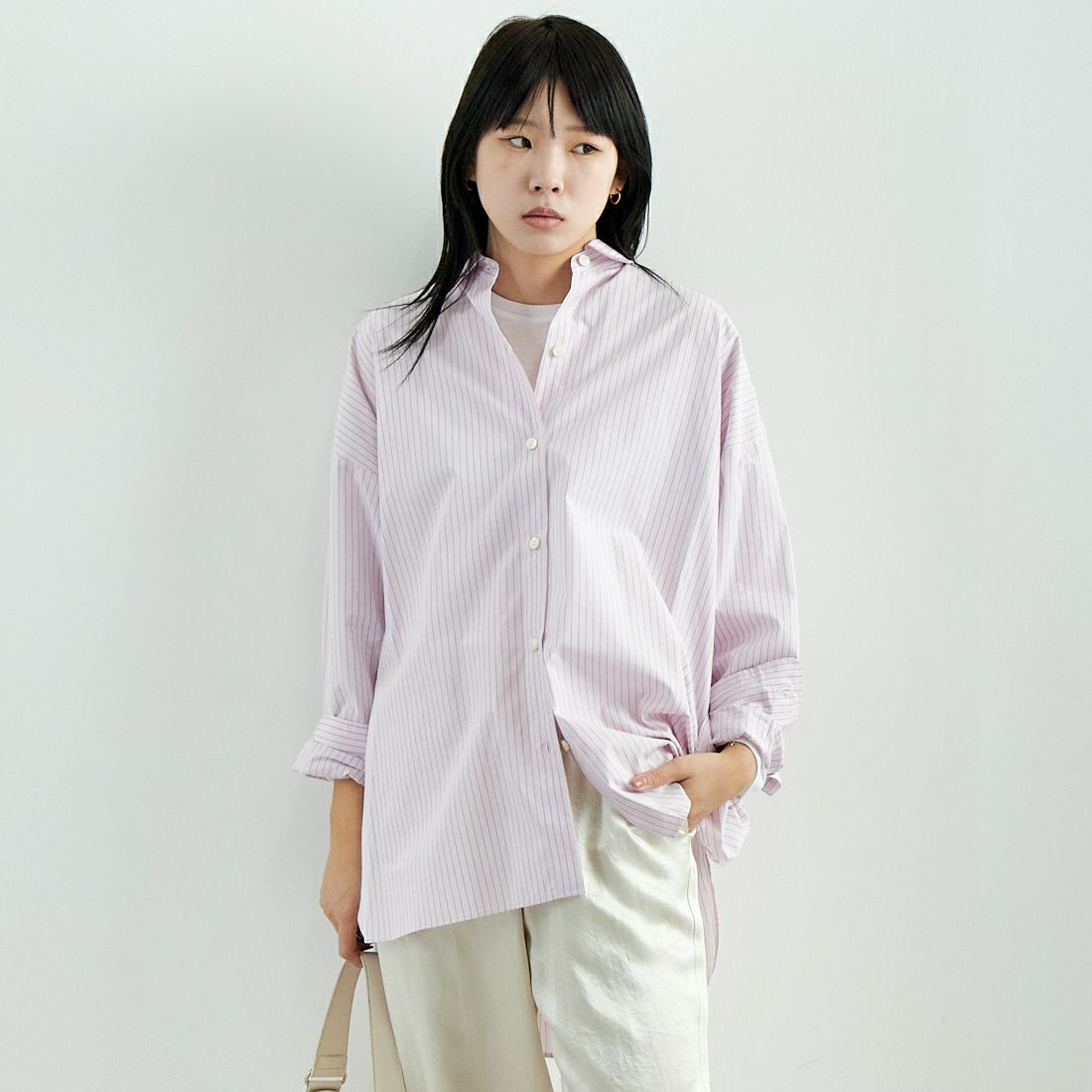 MICA&DEAL [マイカアンドディール] ストライプオーバーシャツ [0125101020] PINK &&モデル身長：167cm 着用サイズ：F&&