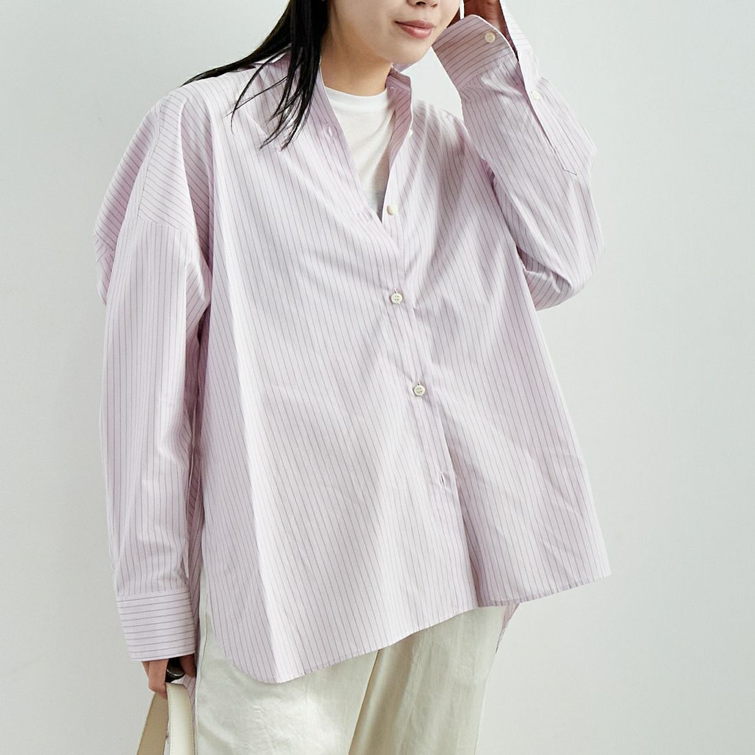 MICA&DEAL [マイカアンドディール] ストライプオーバーシャツ [0125101020] PINK &&モデル身長：167cm 着用サイズ：F&&