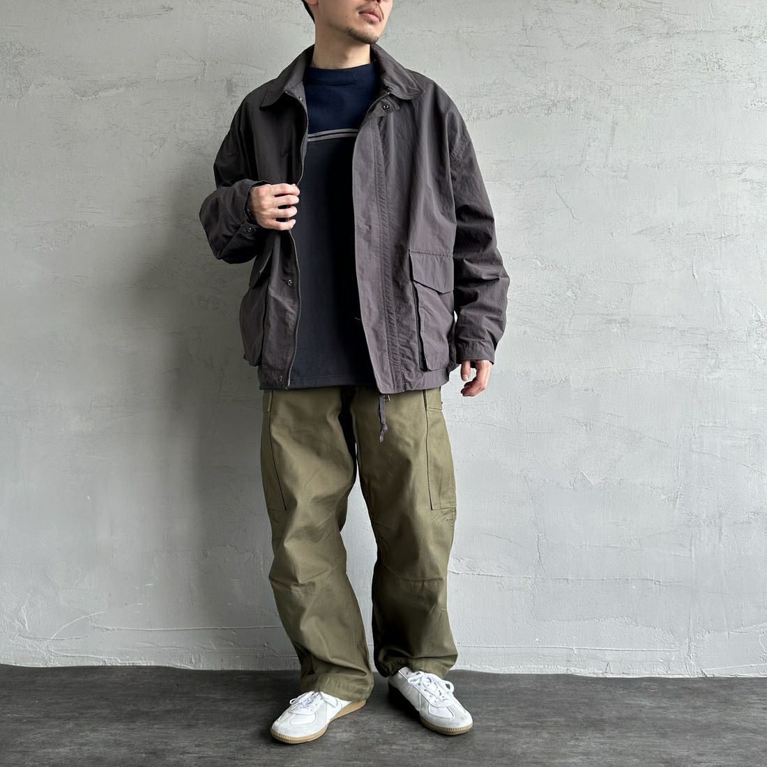 Jeans Factory Clothes [ジーンズファクトリークローズ] ウォッシャブルナイロンショートM-51ジャケット [JFC-251-013] BLACK &&モデル身長：168cm 着用サイズ：L&&