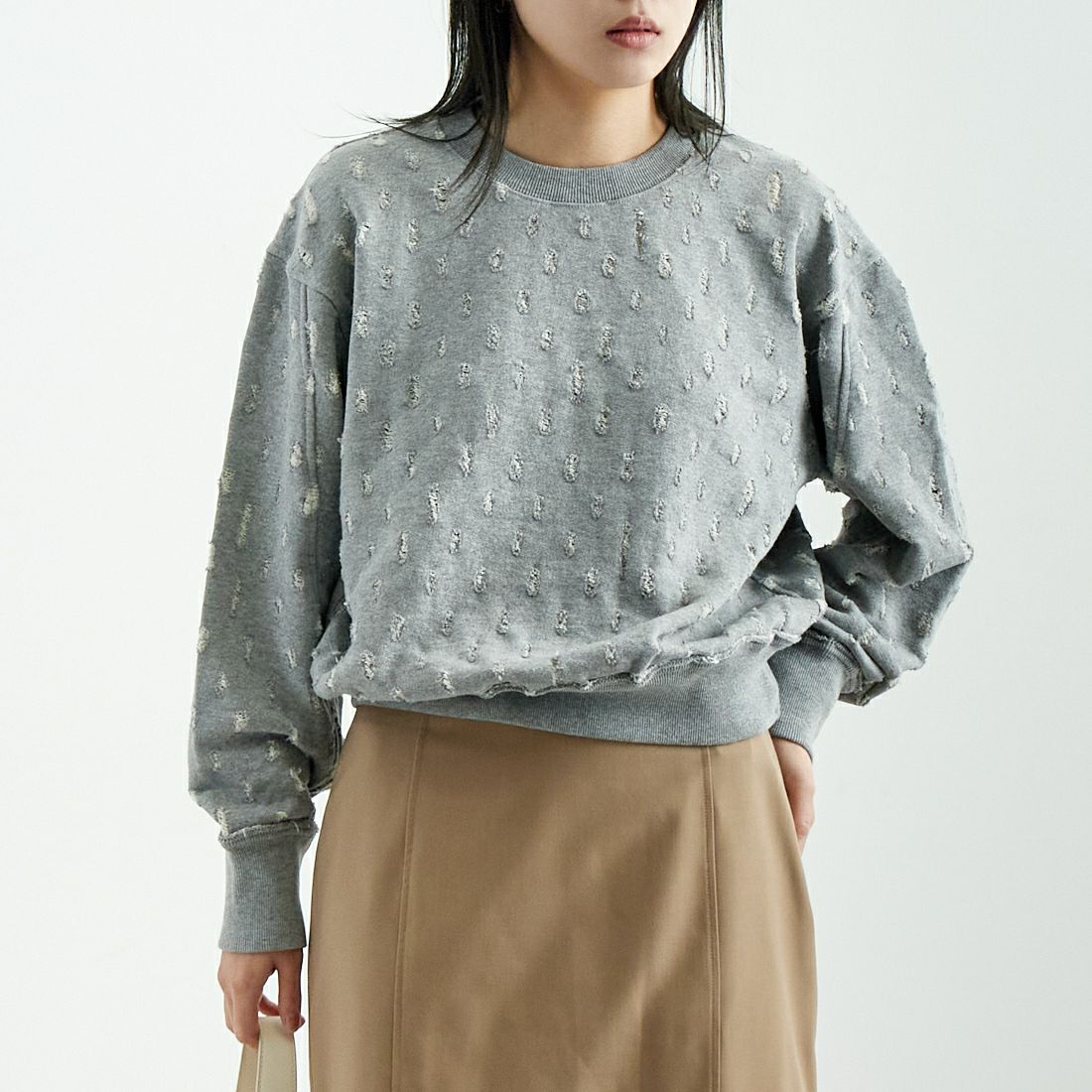 UNFIL [アンフィル] リップドメッシュ コットンテリースウェット [WVSP-UW116] H.GRAY &&モデル身長：167cm 着用サイズ：1&&