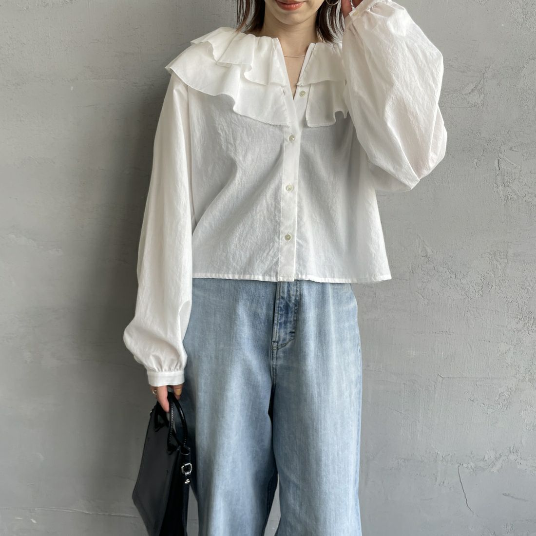 mizuiro ind [ミズイロインド] コットンローン ダブルフリルカラーシャツ [1-230106] 11 O.WHITE&&モデル身長：158cm 着用サイズ：F&&