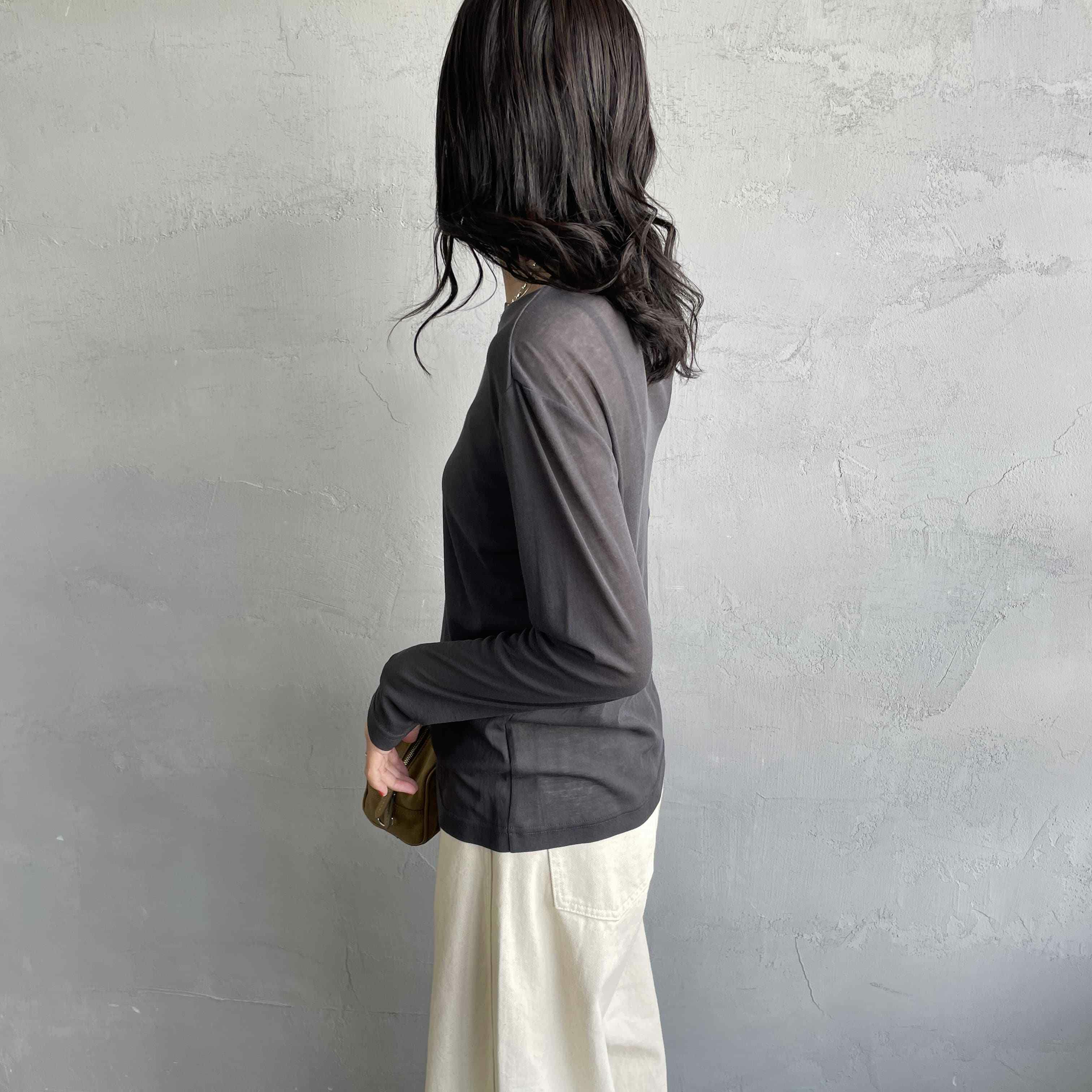 Jeans Factory Clothes [ジーンズファクトリークローズ] インナーシアーTシャツ [21254063] ﾁｬｺｰﾙ &&モデル身長：160cm 着用サイズ：F&&