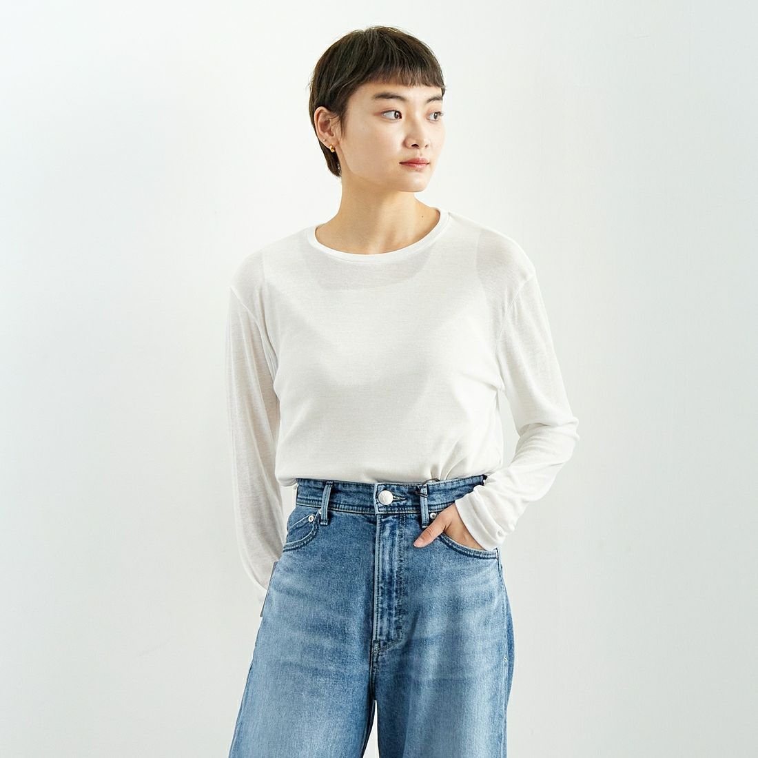Jeans Factory Clothes [ジーンズファクトリークローズ] インナーシアーTシャツ [21254063] 031 ｵﾌ &&モデル身長：160cm 着用サイズ：F&&