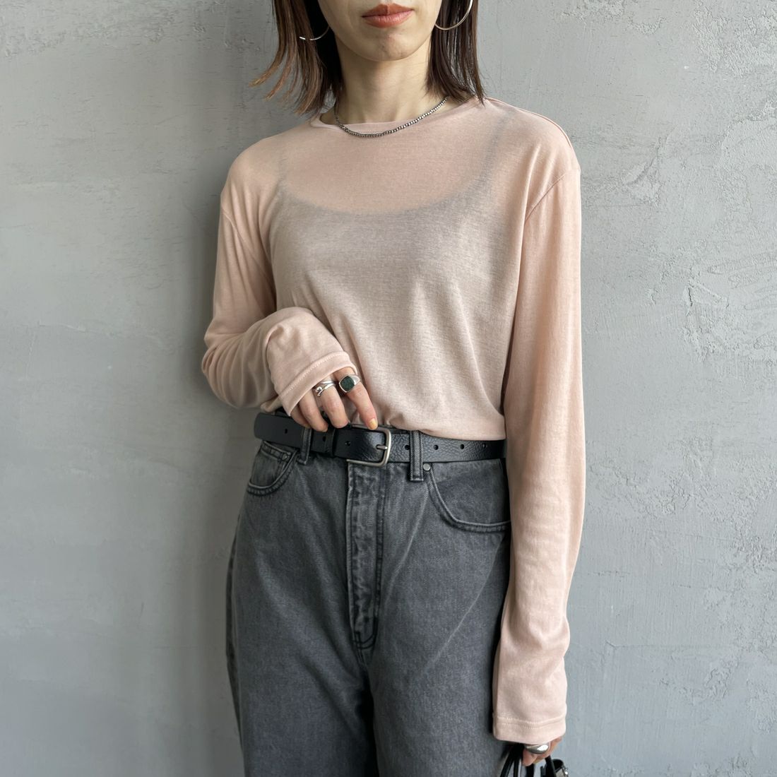 Jeans Factory Clothes [ジーンズファクトリークローズ] インナーシアーTシャツ [21254063] 013 ﾋﾟﾝｸ &&モデル身長：158cm 着用サイズ：F&& &&モデル身長：158cm 着用サイズ：F&&