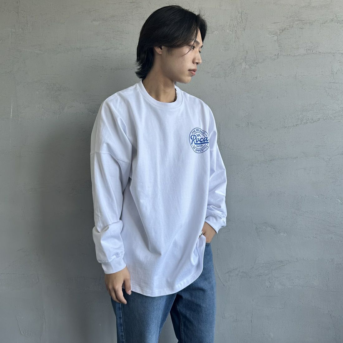 RVCA [ルーカ] クリプトシールド ロングスリーブTシャツ [BF041-152] WHT &&モデル身長：179cm 着用サイズ：L&&