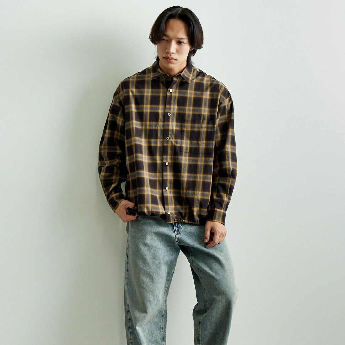 SLICK [スリック] オンブレチェックドローストリングシャツ [5155914] 700 BLACK&&モデル身長：179cm 着用サイズ：1&&