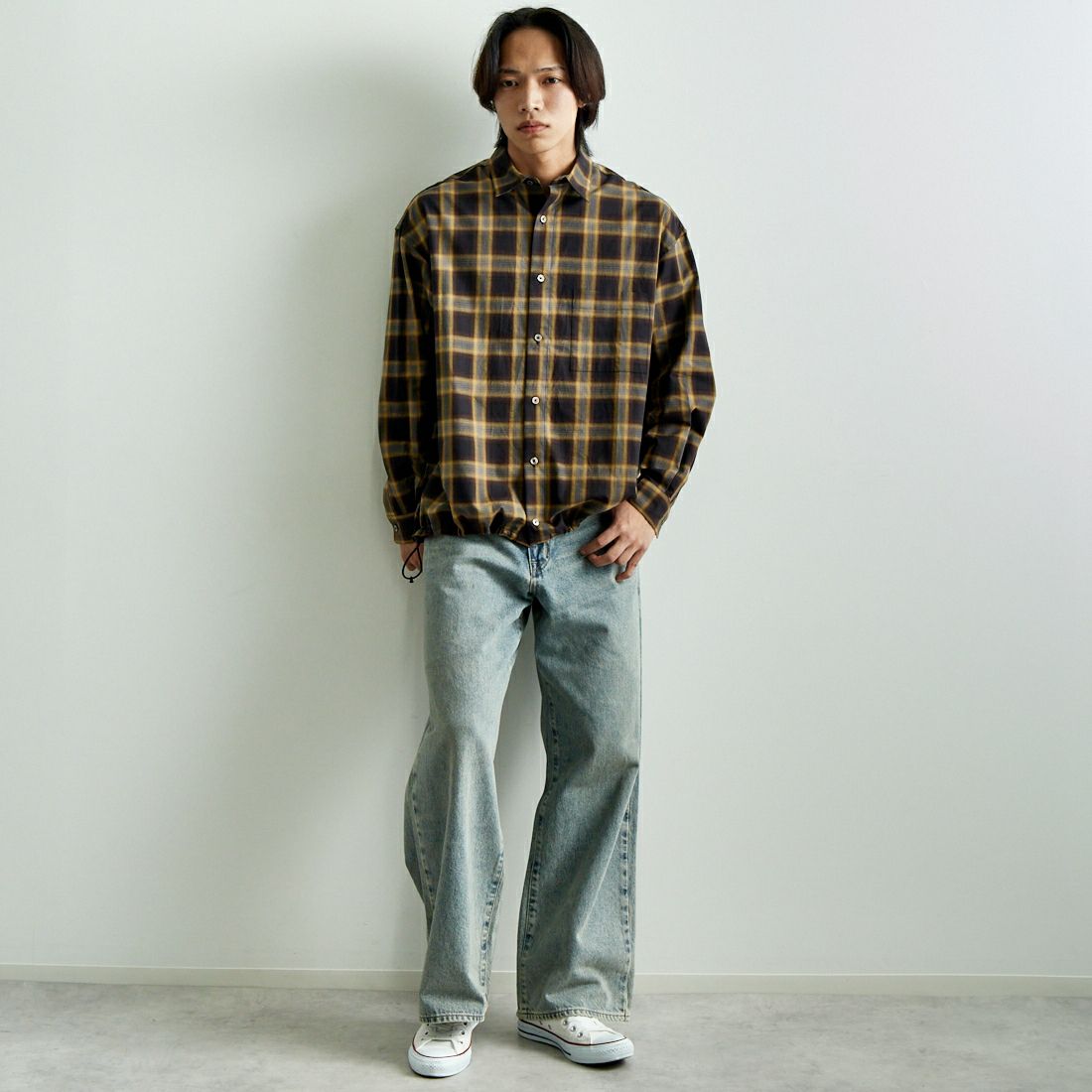 SLICK [スリック] オンブレチェックドローストリングシャツ [5155914] 700 BLACK&&モデル身長：179cm 着用サイズ：1&&
