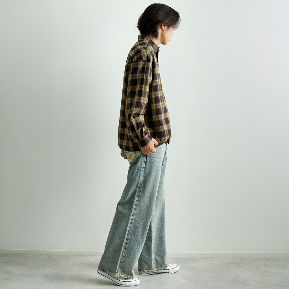 SLICK [スリック] オンブレチェックドローストリングシャツ [5155914] 700 BLACK&&モデル身長：179cm 着用サイズ：1&&