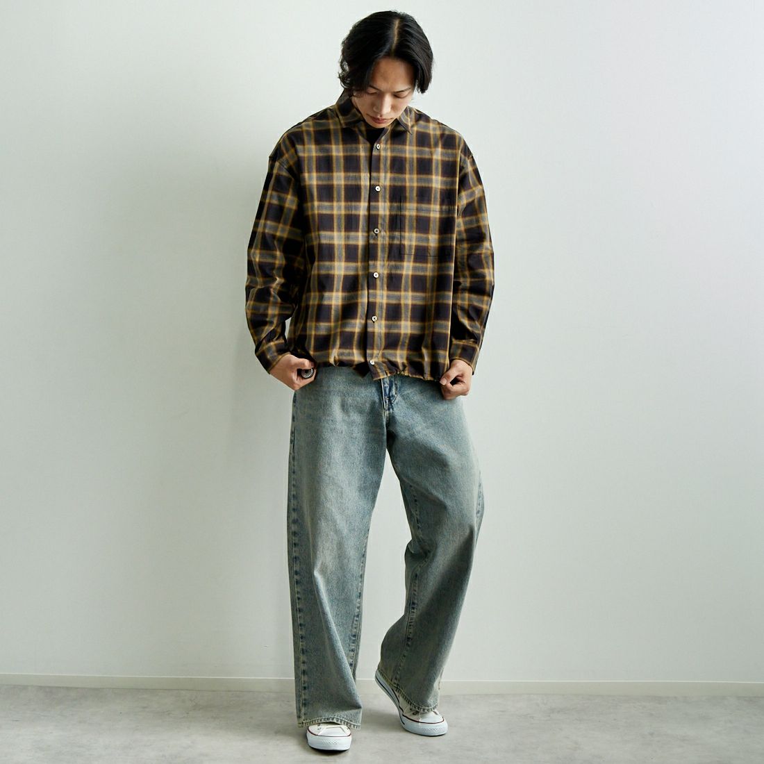 SLICK [スリック] オンブレチェックドローストリングシャツ [5155914] 700 BLACK&&モデル身長：179cm 着用サイズ：1&&