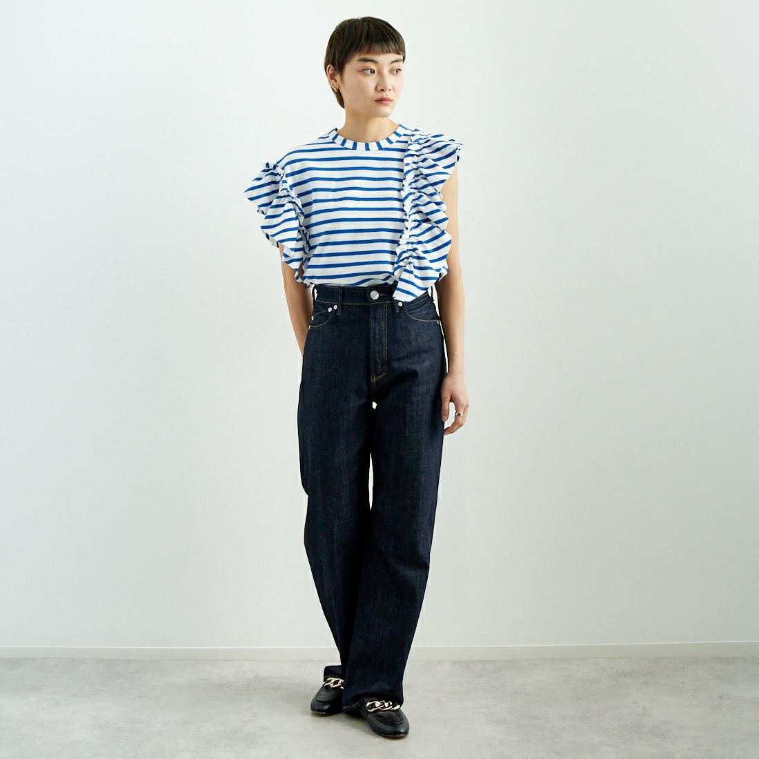 RhodolirioN [ロドリリオン] スワローアシンメトリック フリルスリーブトップス [QT1071] STRIPE &&モデル身長：160cm 着用サイズ：0&&