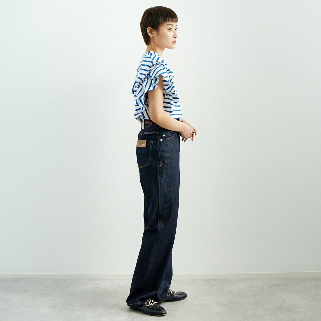 RhodolirioN [ロドリリオン] スワローアシンメトリック フリルスリーブトップス [QT1071] STRIPE &&モデル身長：160cm 着用サイズ：0&&
