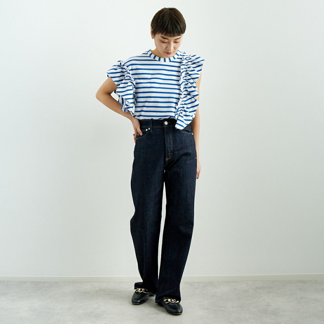 RhodolirioN [ロドリリオン] スワローアシンメトリック フリルスリーブトップス [QT1071] STRIPE &&モデル身長：160cm 着用サイズ：0&&