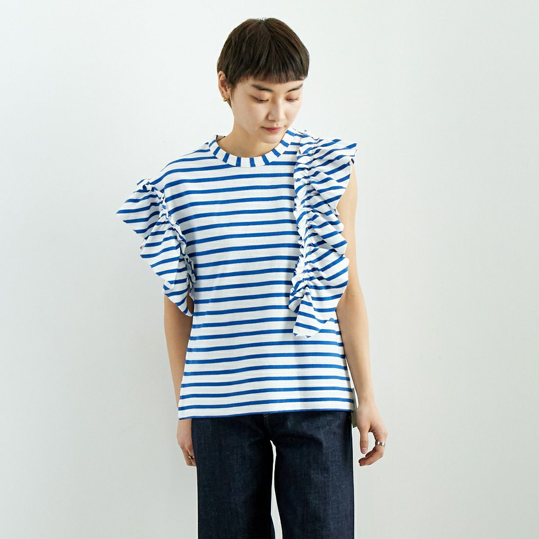 RhodolirioN [ロドリリオン] スワローアシンメトリック フリルスリーブトップス [QT1071] STRIPE &&モデル身長：160cm 着用サイズ：0&&