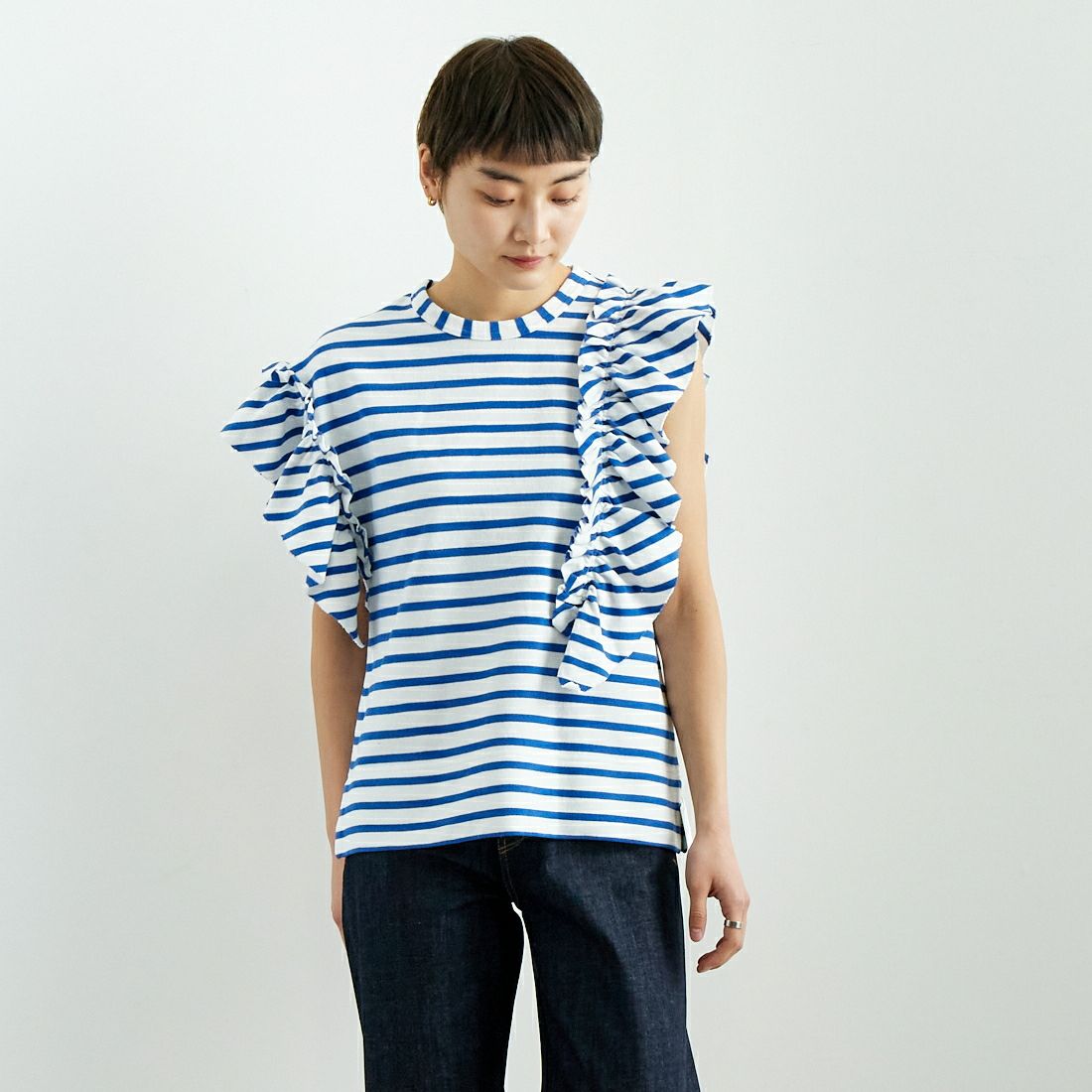 RhodolirioN [ロドリリオン] スワローアシンメトリック フリルスリーブトップス [QT1071] STRIPE &&モデル身長：160cm 着用サイズ：0&&