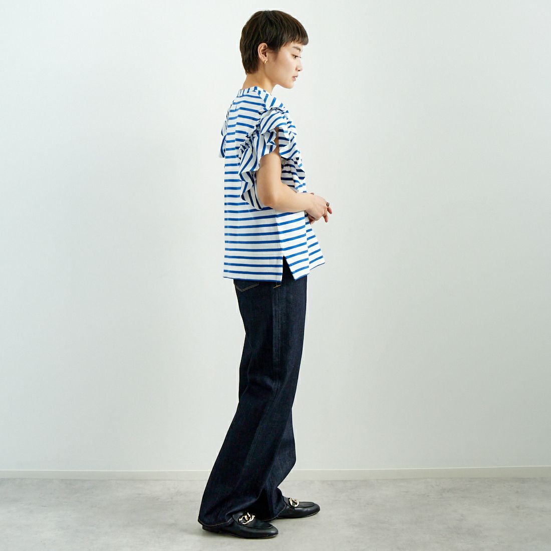 RhodolirioN [ロドリリオン] スワローアシンメトリック フリルスリーブトップス [QT1071] STRIPE &&モデル身長：160cm 着用サイズ：0&&