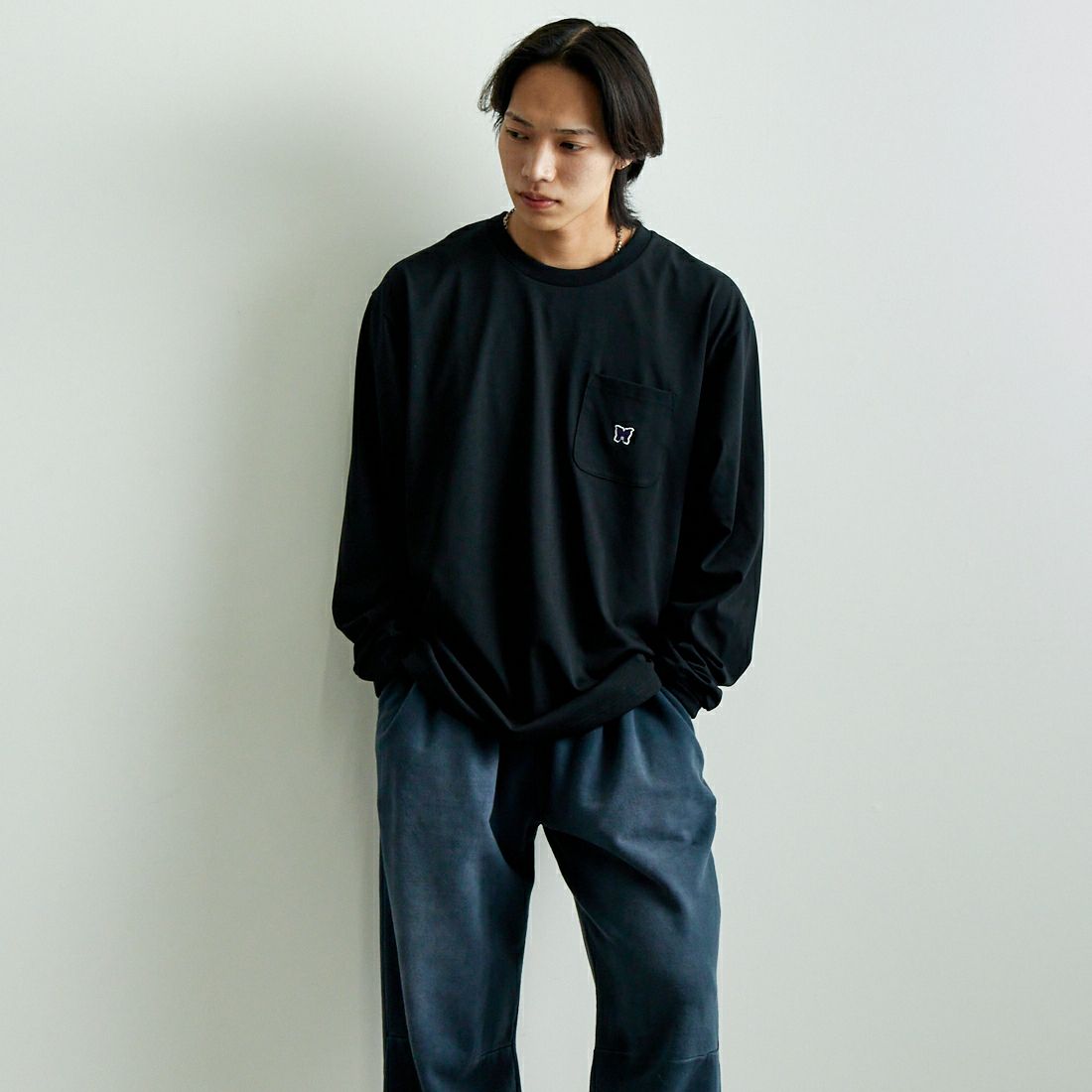 Needles [ニードルズ] ロングスリーブクルーネックTシャツ [QV361] C BLACK &&モデル身長：179cm 着用サイズ：L&&