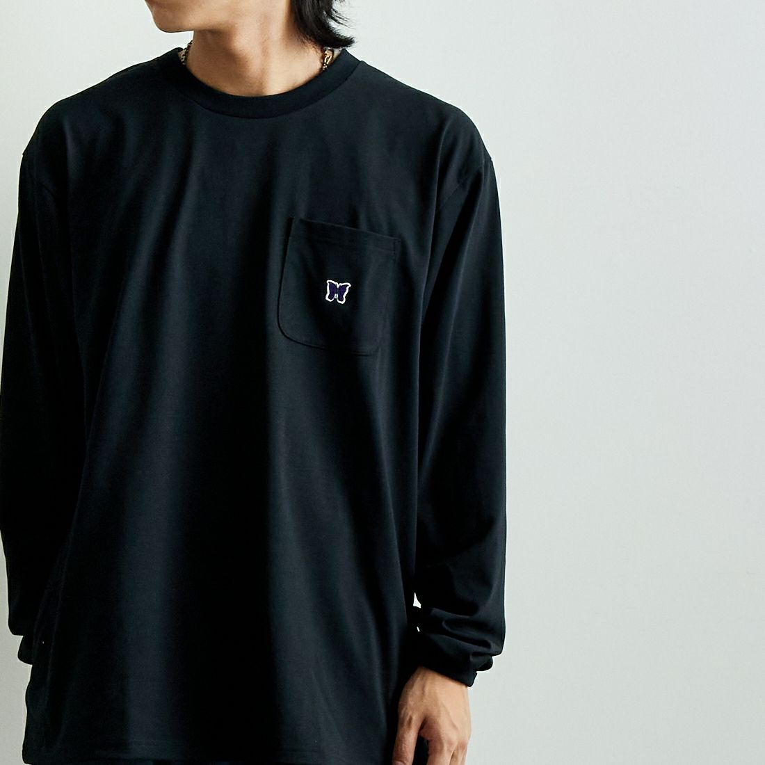 Needles [ニードルズ] ロングスリーブクルーネックTシャツ [QV361] C BLACK &&モデル身長：179cm 着用サイズ：L&&