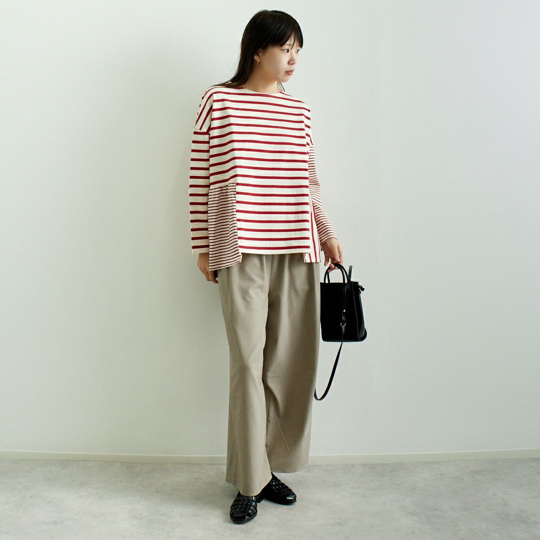 tumugu: [ツムグ] ピッチミックスボーダー プルオーバー [TC24411] 50 RED &&モデル身長：167cm 着用サイズ：F&&