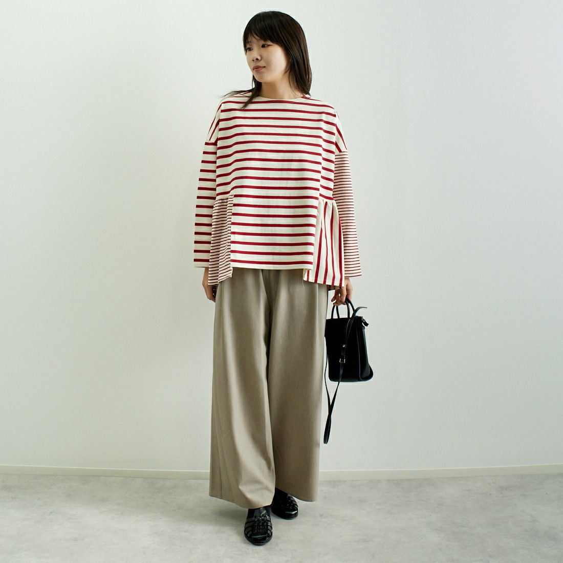 tumugu: [ツムグ] ピッチミックスボーダー プルオーバー [TC24411] 50 RED &&モデル身長：167cm 着用サイズ：F&&