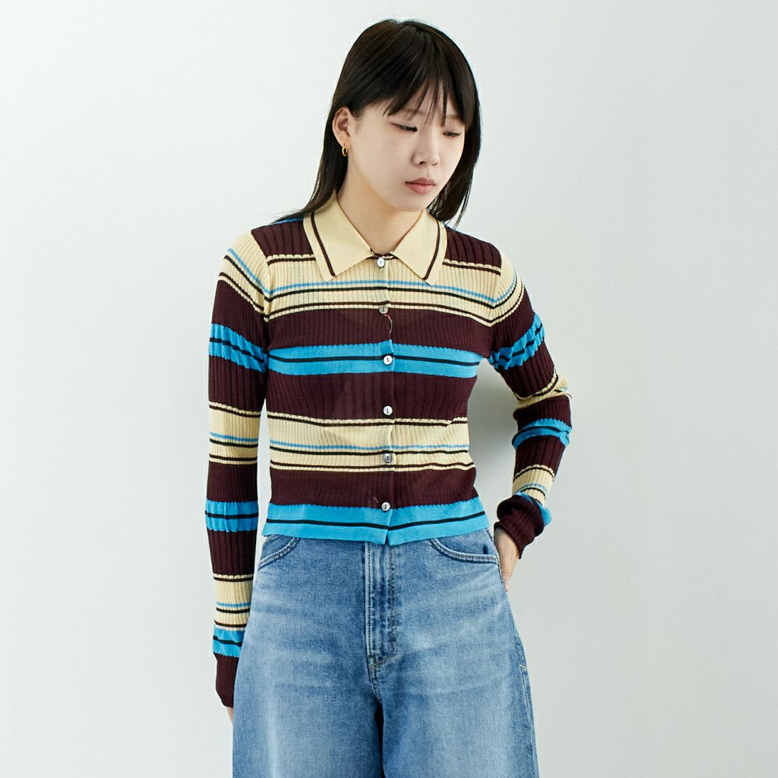 MAISON SPECIAL [メゾンスペシャル] マルチボーダーカーディガン [21251365703] BRN &&モデル身長：167cm 着用サイズ：F&&