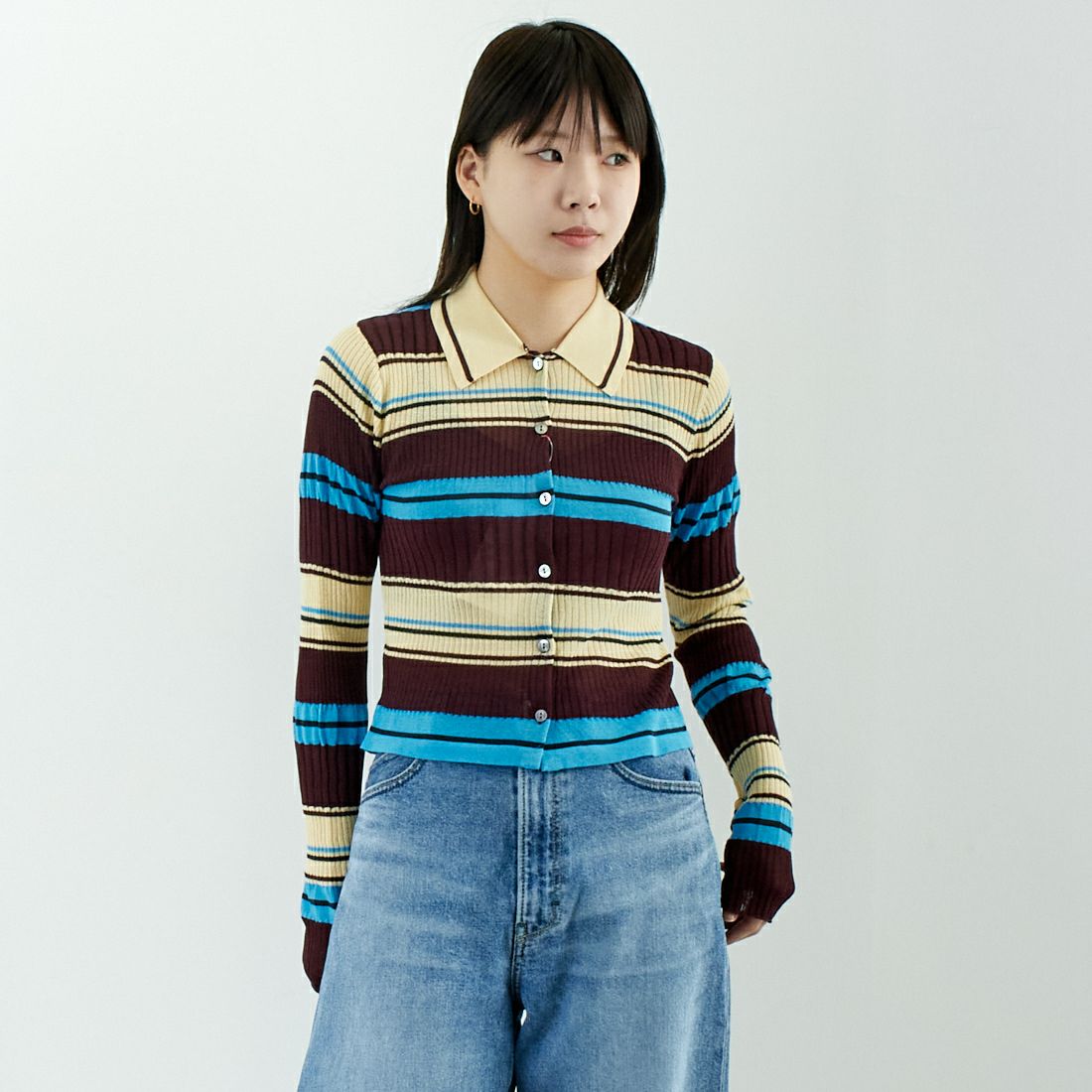 MAISON SPECIAL [メゾンスペシャル] マルチボーダーカーディガン [21251365703] BRN &&モデル身長：167cm 着用サイズ：F&&