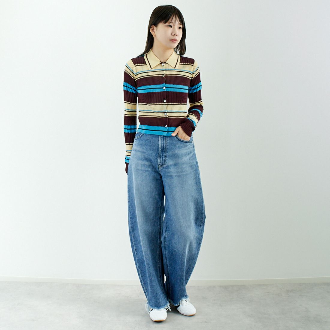 MAISON SPECIAL [メゾンスペシャル] マルチボーダーカーディガン [21251365703] BRN &&モデル身長：167cm 着用サイズ：F&&