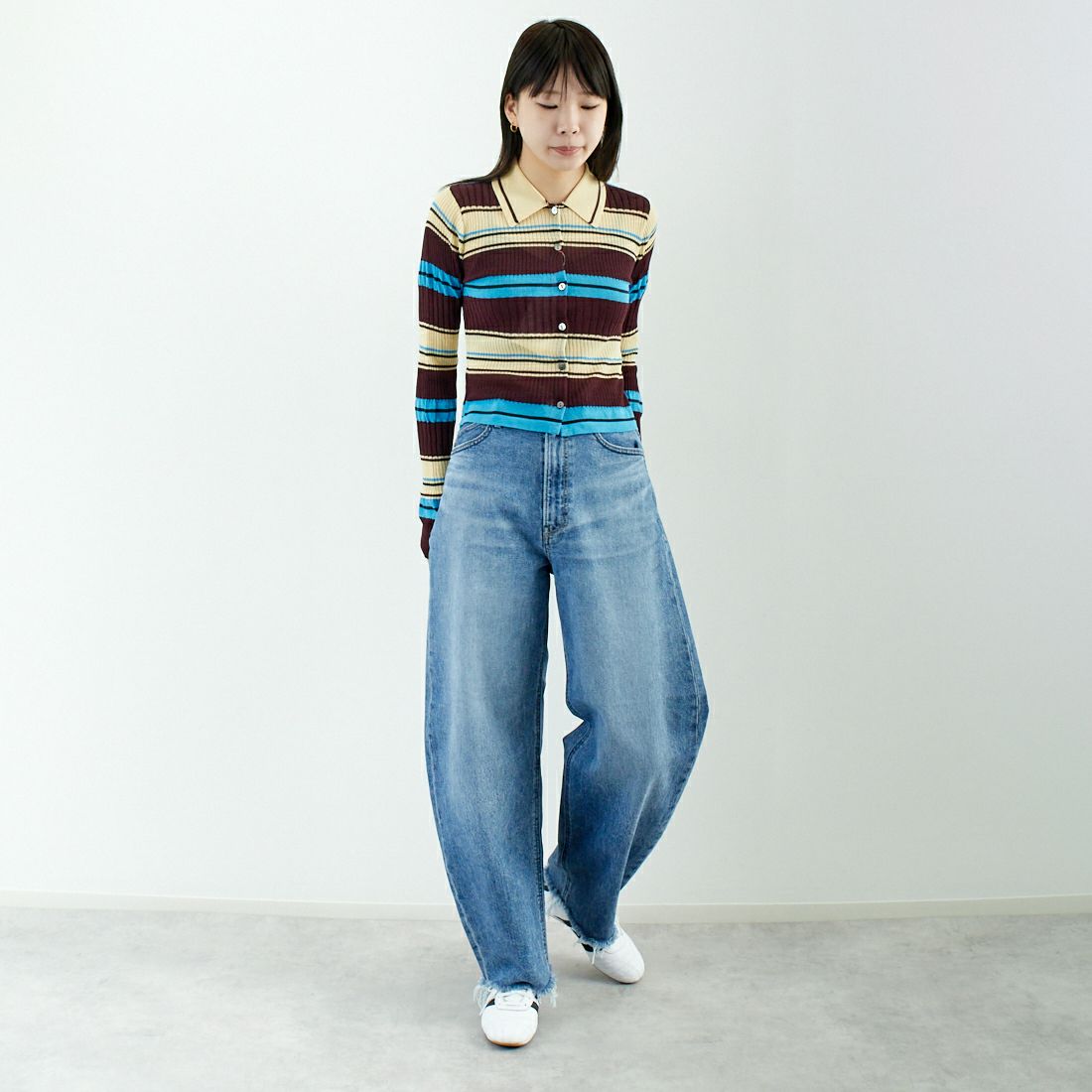 MAISON SPECIAL [メゾンスペシャル] マルチボーダーカーディガン [21251365703] BRN &&モデル身長：167cm 着用サイズ：F&&