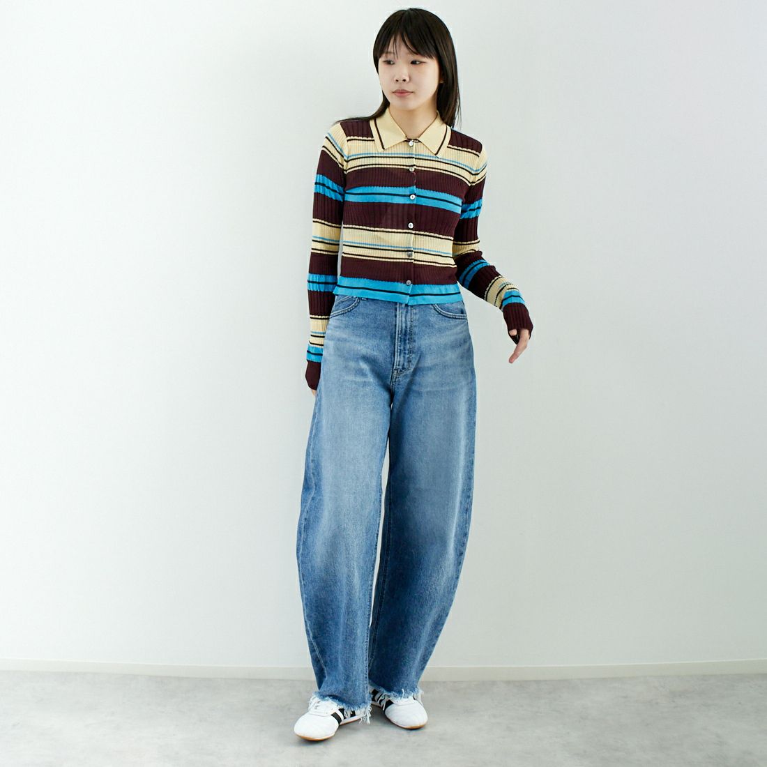 MAISON SPECIAL [メゾンスペシャル] マルチボーダーカーディガン [21251365703] BRN &&モデル身長：167cm 着用サイズ：F&&