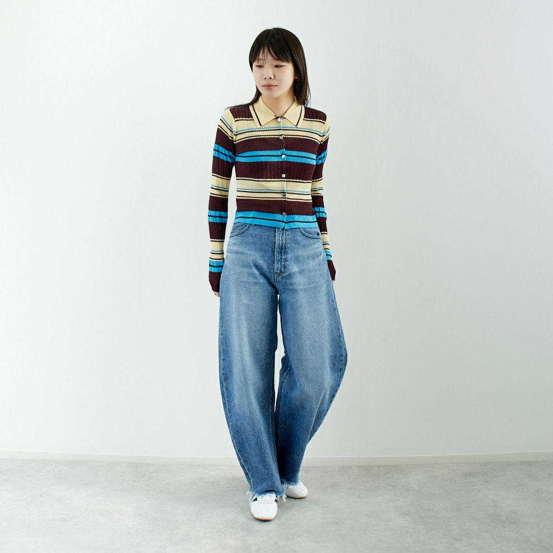MAISON SPECIAL [メゾンスペシャル] マルチボーダーカーディガン [21251365703] BRN &&モデル身長：167cm 着用サイズ：F&&
