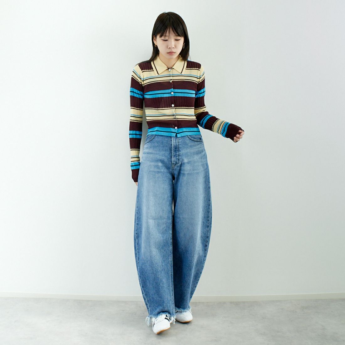 MAISON SPECIAL [メゾンスペシャル] マルチボーダーカーディガン [21251365703] BRN &&モデル身長：167cm 着用サイズ：F&&
