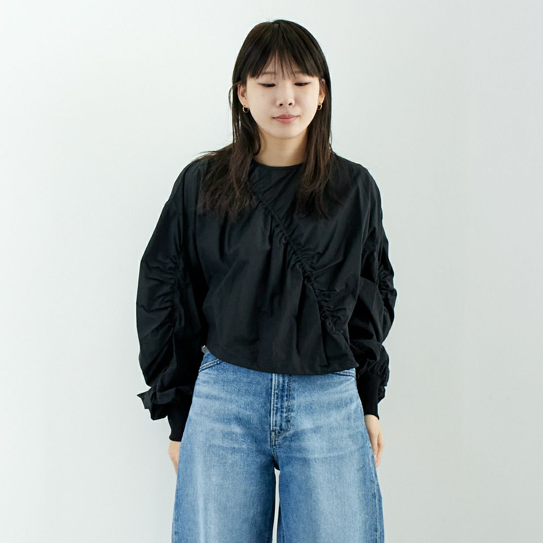 hwyl [ヒュイル] アシメギャザートップス [51285561] ﾌﾞﾗｯｸ &&モデル身長：167cm 着用サイズ：2&&