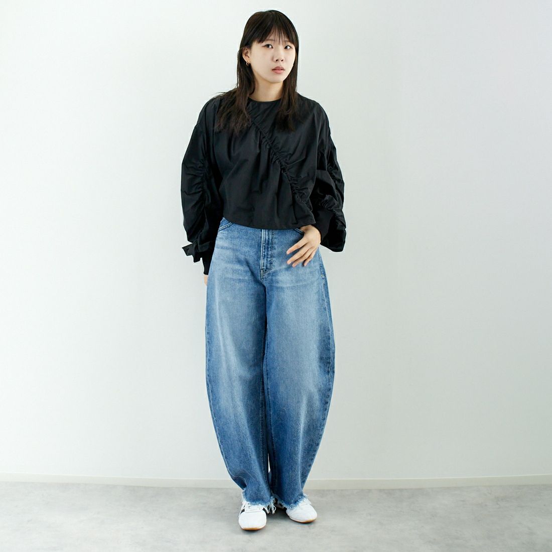 hwyl [ヒュイル] アシメギャザートップス [51285561] ﾌﾞﾗｯｸ &&モデル身長：167cm 着用サイズ：2&&