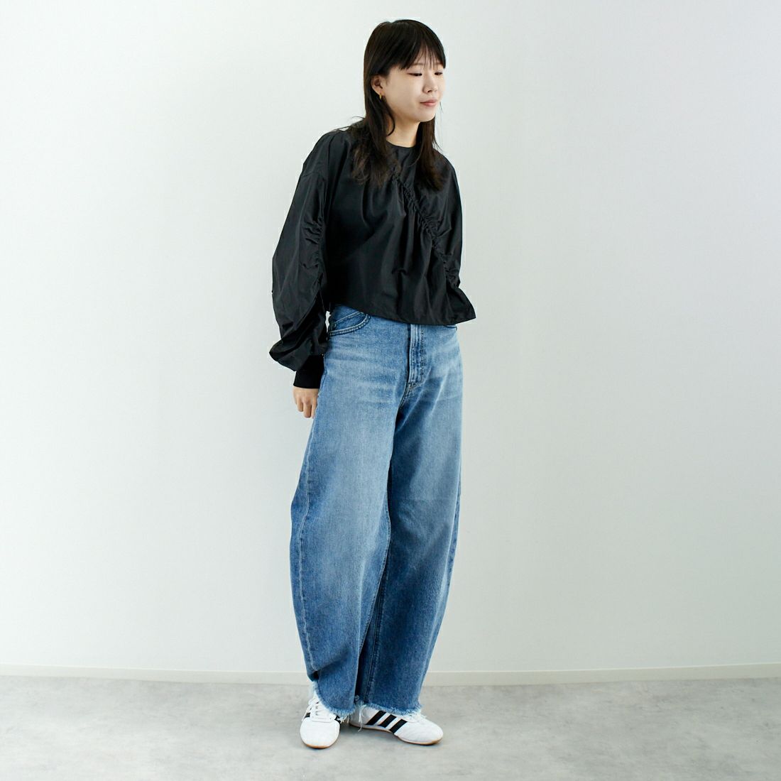 hwyl [ヒュイル] アシメギャザートップス [51285561] ﾌﾞﾗｯｸ &&モデル身長：167cm 着用サイズ：2&&