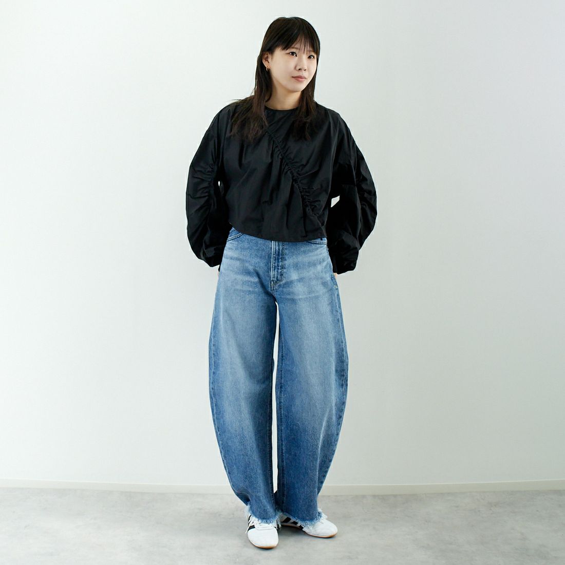 hwyl [ヒュイル] アシメギャザートップス [51285561] ﾌﾞﾗｯｸ &&モデル身長：167cm 着用サイズ：2&&