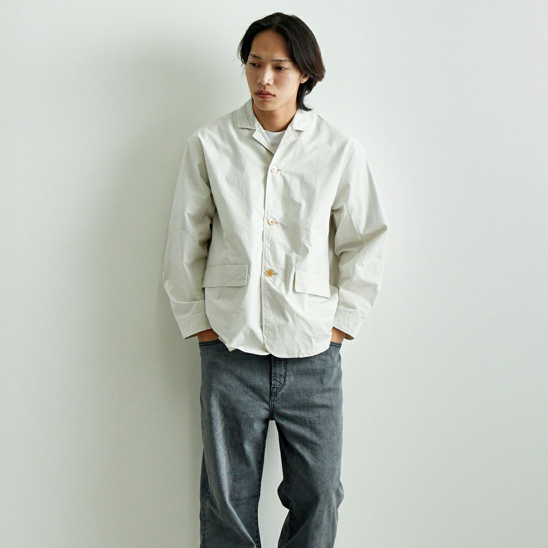MANUAL ALPHABET [マニュアルアルファベット] タイプライターシャツジャケット [MA-J-396] LT.BEIGE &&モデル身長：179cm 着用サイズ：2&&