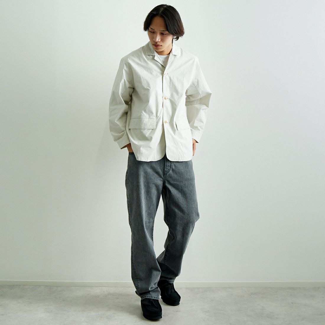 MANUAL ALPHABET [マニュアルアルファベット] タイプライターシャツジャケット [MA-J-396] LT.BEIGE &&モデル身長：179cm 着用サイズ：2&&