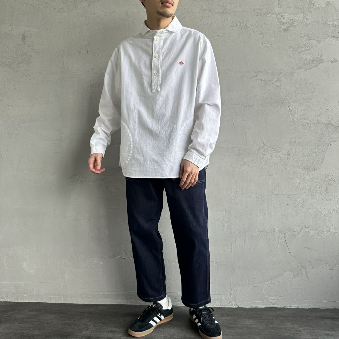 DANTON [ダントン] オックスフォード ラウンドカラーシャツ [DT-B0282SOX] WHITE &&モデル身長：168cm 着用サイズ：38&&