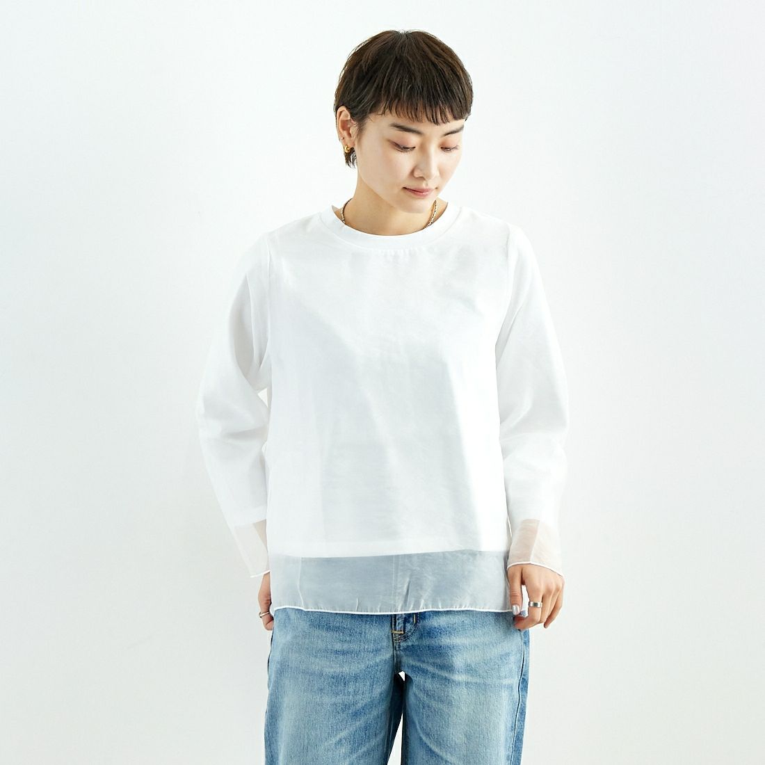 Kelen [ケレン] レイヤードデザイントップス [LKL24HBL2109] OFF WHITE &&モデル身長：160cm 着用サイズ：M&&