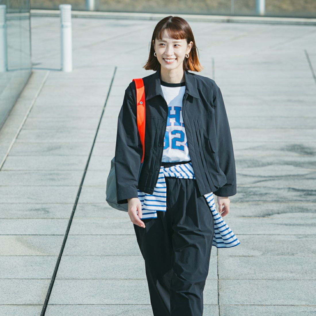 UNIVERSAL OVERALL [ユニバーサルオーバーオール] 別注 ラグランプリント7SLTシャツ THE1924 [U2512210IN-JF] WHT/BLK &&モデル身長：167cm 着用サイズ：F&&