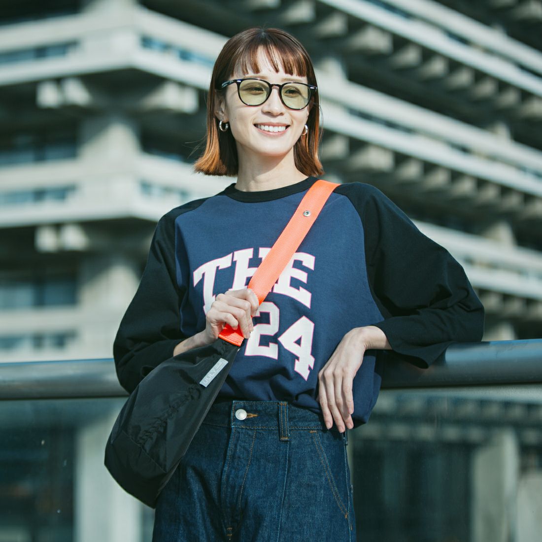 UNIVERSAL OVERALL [ユニバーサルオーバーオール] 別注 ラグランプリント7SLTシャツ THE1924 [U2512210IN-JF] NVY/BLK &&モデル身長：167cm 着用サイズ：F&&