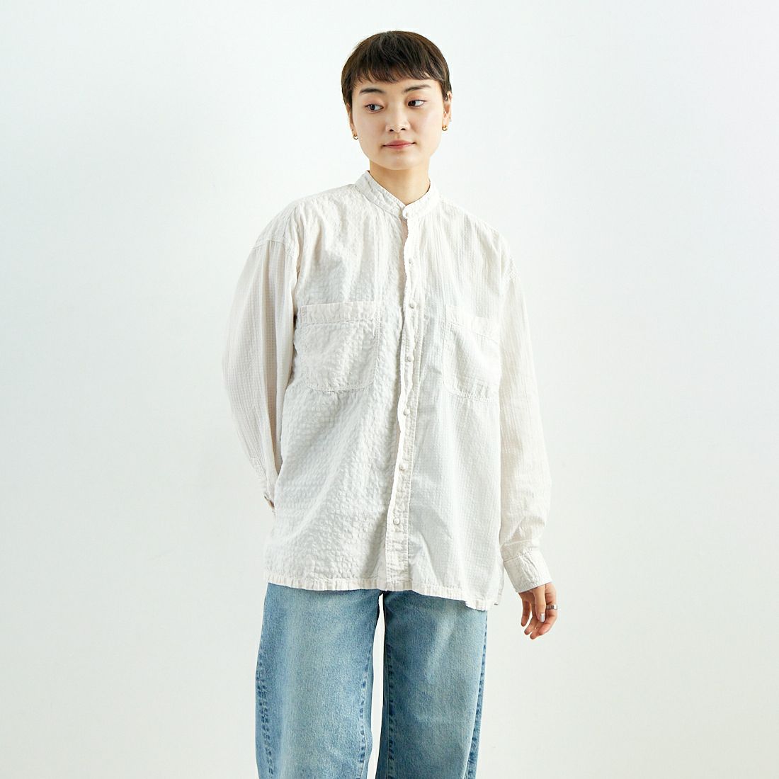 maison de soil [メゾンドソイル] チェックコンビシャツ [MDSH2481BD] 941D GRY &&モデル身長：160cm 着用サイズ：1&&