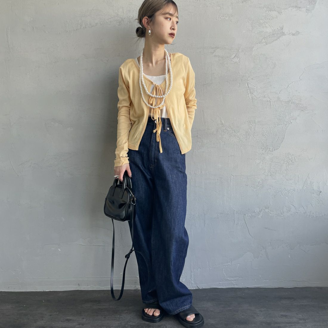 Robert P.Miller [ロバートピーミラー] 前後2WAY ライトリブシアーカーディガン [RM251-2213] APRICOT &&モデル身長：150cm 着用サイズ：F&&
