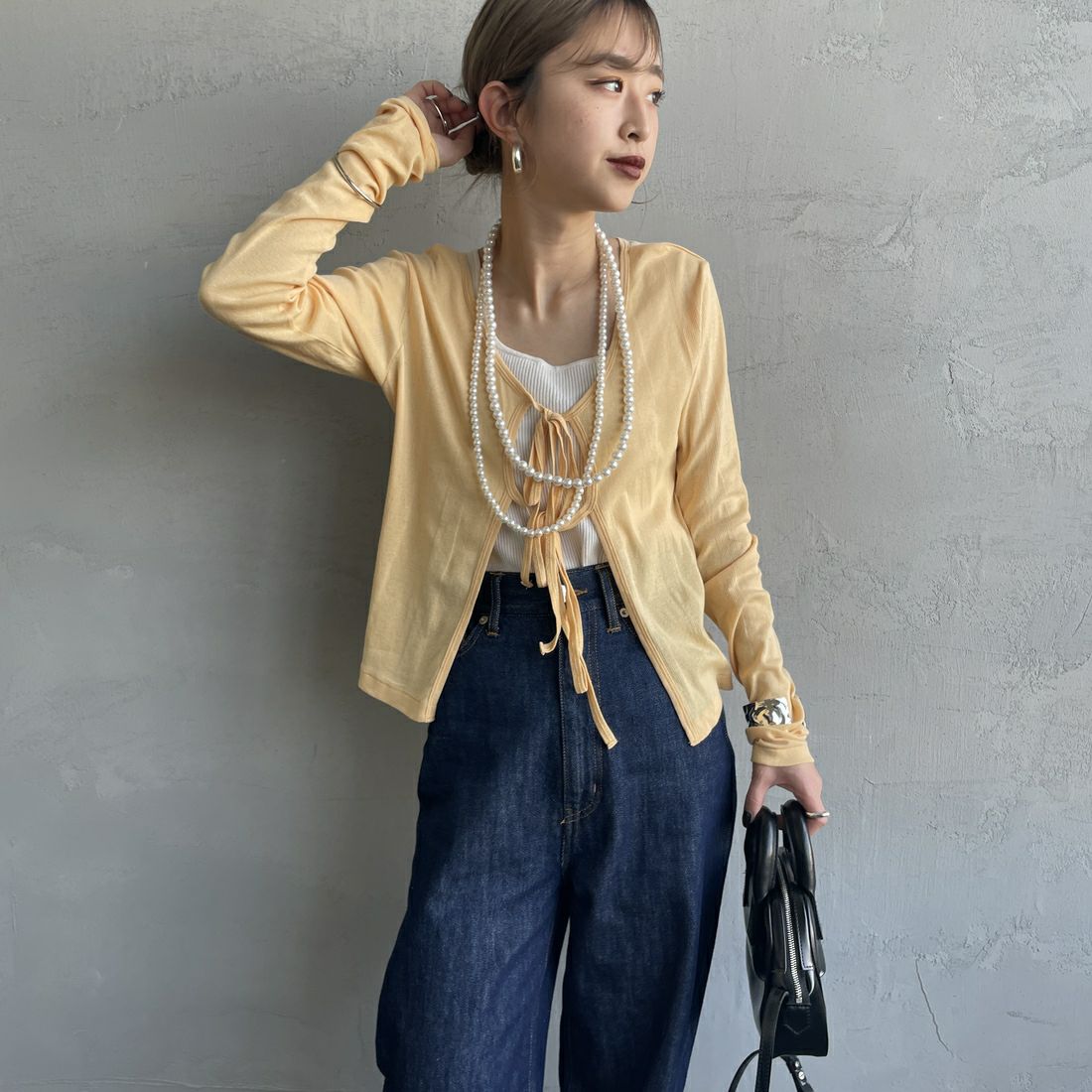 Robert P.Miller [ロバートピーミラー] 前後2WAY ライトリブシアーカーディガン [RM251-2213] APRICOT &&モデル身長：150cm 着用サイズ：F&&