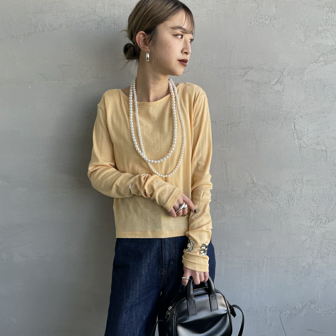 Robert P.Miller [ロバートピーミラー] 前後2WAY ライトリブシアーカーディガン [RM251-2213] APRICOT &&モデル身長：150cm 着用サイズ：F&&