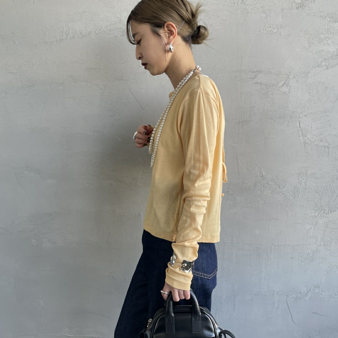 Robert P.Miller [ロバートピーミラー] 前後2WAY ライトリブシアーカーディガン [RM251-2213] APRICOT &&モデル身長：150cm 着用サイズ：F&&