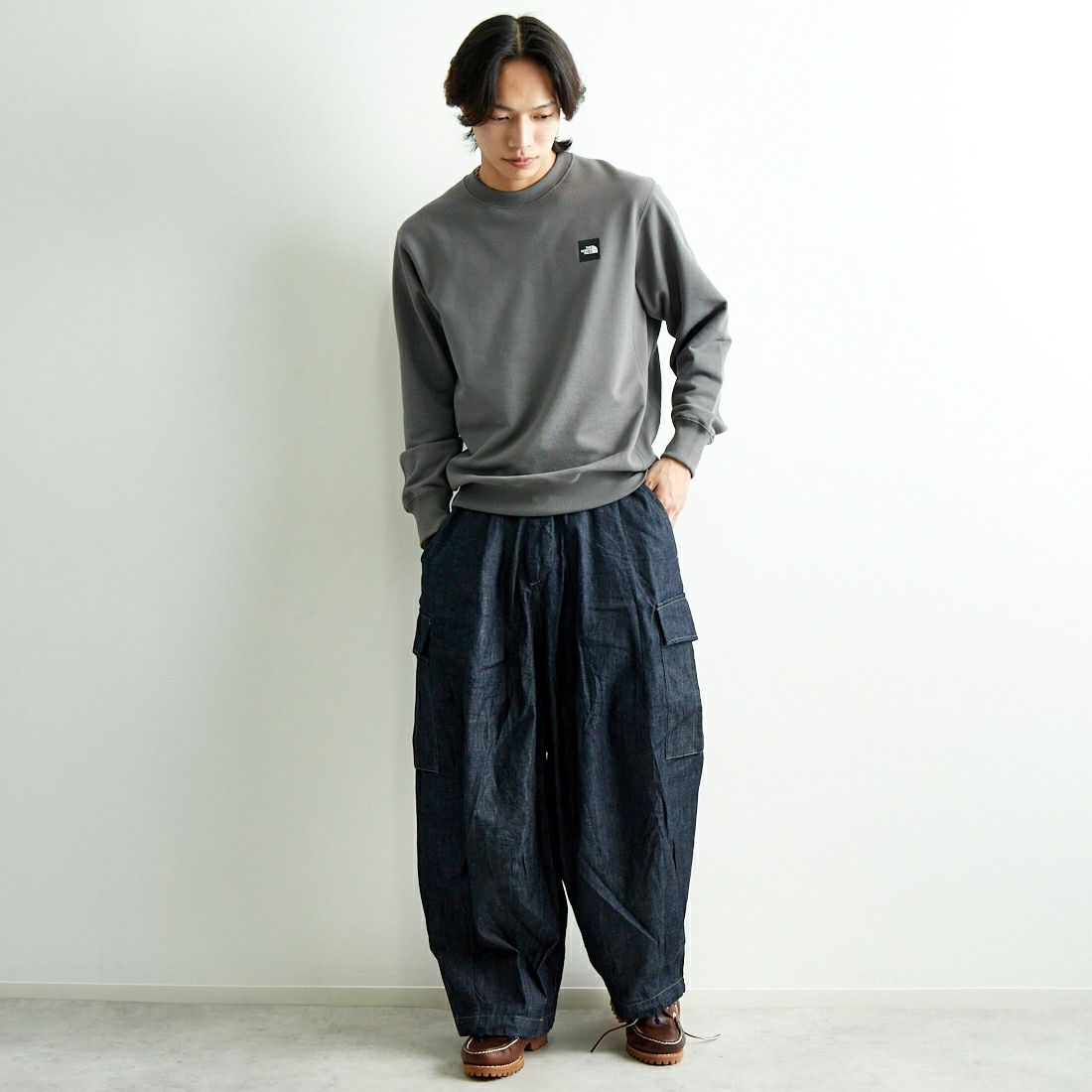 THE NORTH FACE [ザ ノースフェイス] ヘザーロゴクルー [NT12334] SP &&モデル身長：179cm 着用サイズ：M&&