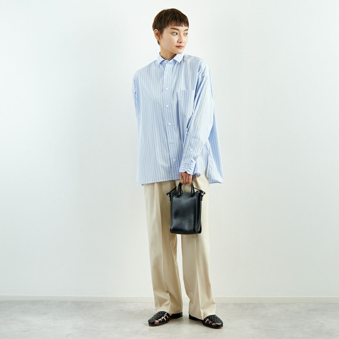 TICCA [ティッカ] スクエアビッグシャツ [TBES-011] BLU STRIPE &&モデル身長：160cm 着用サイズ：2&&
