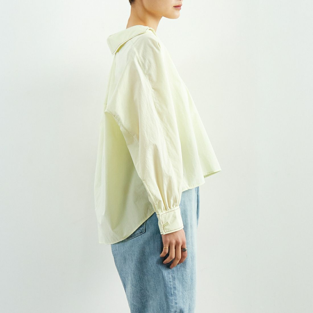 TICCA [ティッカ] コットンハーブスキッパーシャツ [TBES-023] LIME/NAVY &&モデル身長：160cm 着用サイズ：F&&
