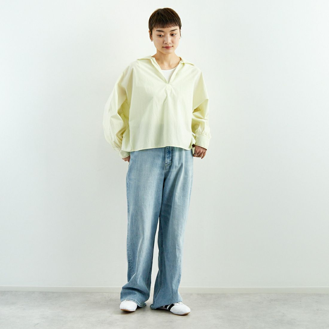 TICCA [ティッカ] コットンハーブスキッパーシャツ [TBES-023] LIME/NAVY &&モデル身長：160cm 着用サイズ：F&&