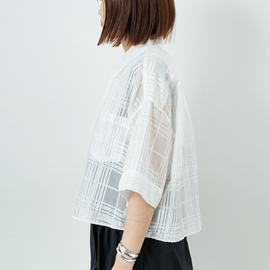 TICCA [ティッカ] レースチェックジャガード半袖シャツ [TBES-091] WHITE &&モデル身長：160cm 着用サイズ：F&&